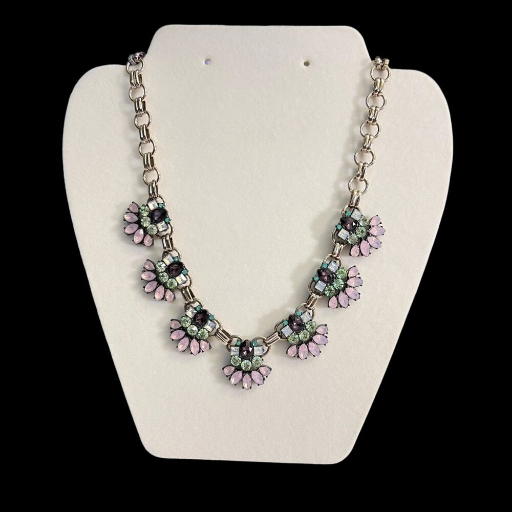 Banana Republic Silver Flower Statement Necklace Crystal Accents Adjusta…